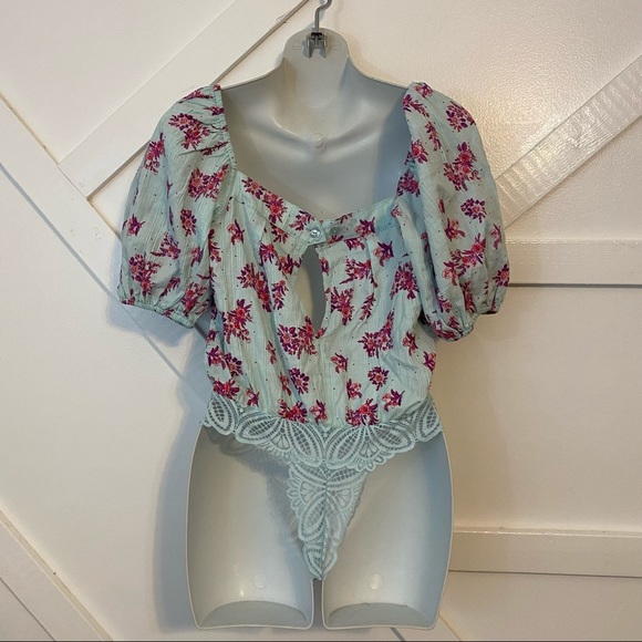Free People Angela Floral Printed Square Neck Puff Sleeve Lace Bodysuit Blue XS - Picture 5 of 8